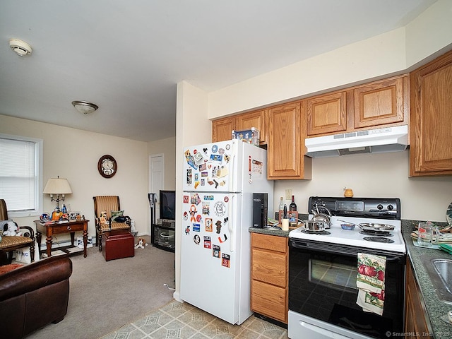 37 Landin St, Woodbridge, CT 06525 - kitchen with electric stove, freestanding refrigerator, under cabinet range hood, open floor plan, and light carpet