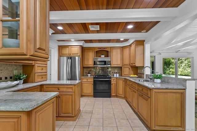 20 Aspen Mill Rd, Ridgefield, CT 06877 - kitchen with appliances with stainless steel finishes, a peninsula, a wood ceiling with exposed beams, backsplash, and light stone counters