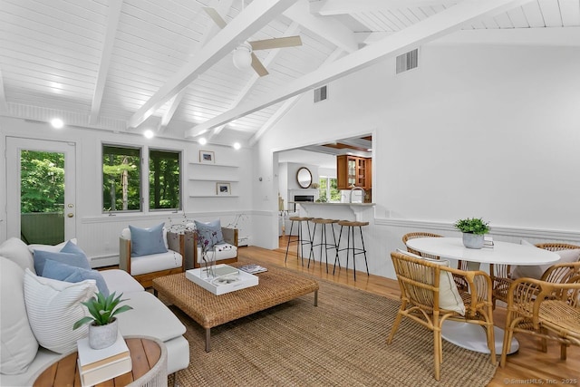 20 Aspen Mill Rd, Ridgefield, CT 06877 - living area with light wood-style floors, a ceiling fan, wood ceiling, baseboard heating, and wainscoting