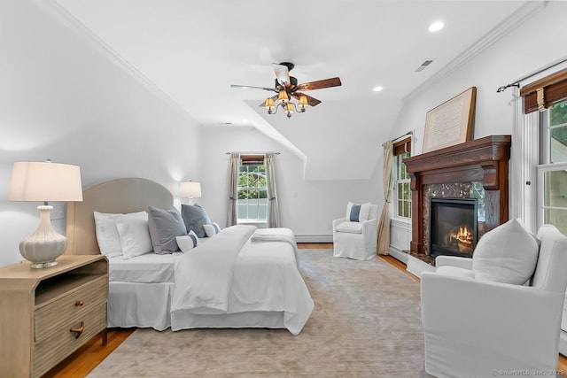 20 Aspen Mill Rd, Ridgefield, CT 06877 - bedroom featuring a high end fireplace, wood finished floors, ornamental molding, vaulted ceiling, and recessed lighting