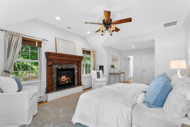 20 Aspen Mill Rd, Ridgefield, CT 06877 - bedroom with vaulted ceiling, a fireplace, recessed lighting, ornamental molding, and wood finished floors