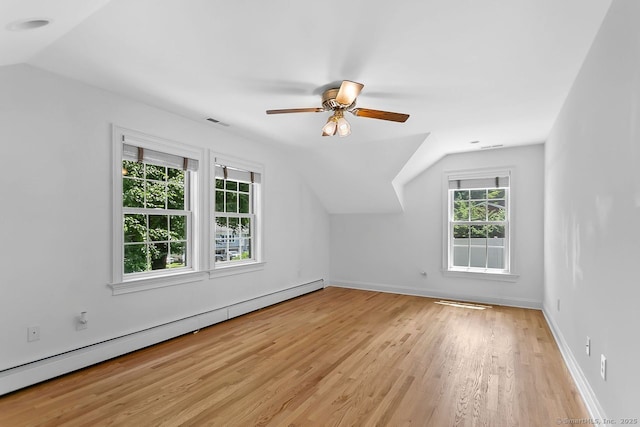 20 Aspen Mill Rd, Ridgefield, CT 06877 - additional living space with a baseboard radiator, vaulted ceiling, light wood-type flooring, and a ceiling fan