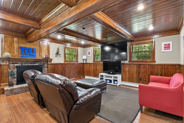 20 Aspen Mill Rd, Ridgefield, CT 06877 - living area featuring a wood ceiling with exposed beams, a fireplace, wood walls, a wainscoted wall, and wood finished floors