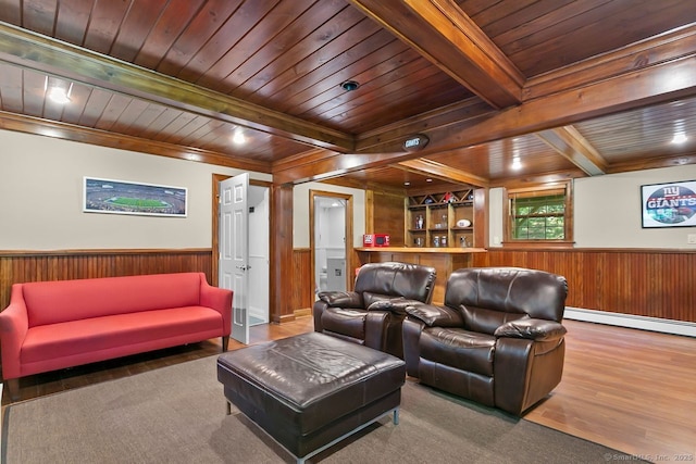 20 Aspen Mill Rd, Ridgefield, CT 06877 - home theater room with a wooden ceiling with exposed beams, wood walls, wainscoting, a baseboard radiator, and wood finished floors