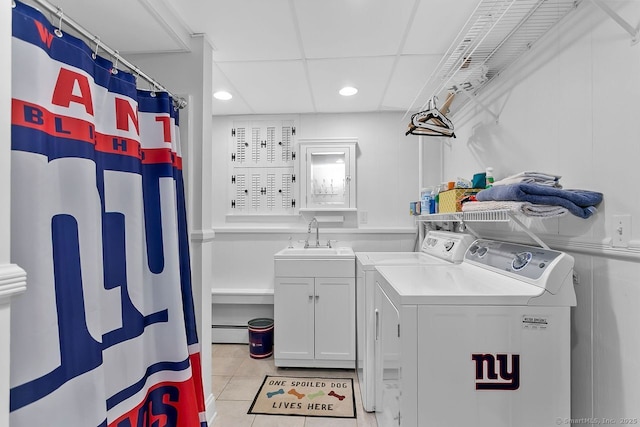 20 Aspen Mill Rd, Ridgefield, CT 06877 - laundry room with washer and clothes dryer, a baseboard radiator, light tile patterned floors, cabinet space, and recessed lighting