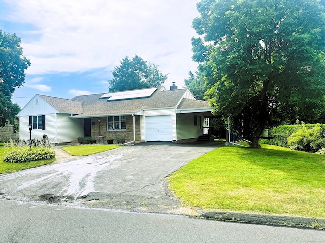 78 French St, Bristol, CT 06010 - single story home with a front lawn, asphalt driveway, a garage, roof mounted solar panels, and a chimney