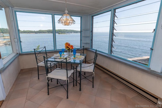 105 Beckett Ave Unit 105, Branford, CT 06405 - sunroom / solarium featuring plenty of natural light, a chandelier, a water view, and a baseboard heating unit