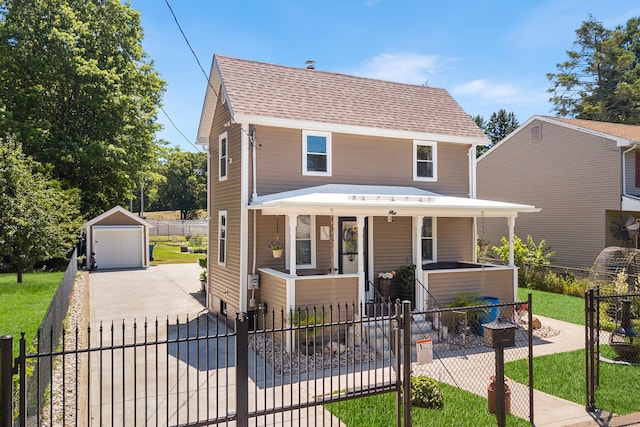 350 S Cherry St, Wallingford, CT 06492 - view of front of house featuring driveway, a porch, an outbuilding, a garage, and a fenced front yard