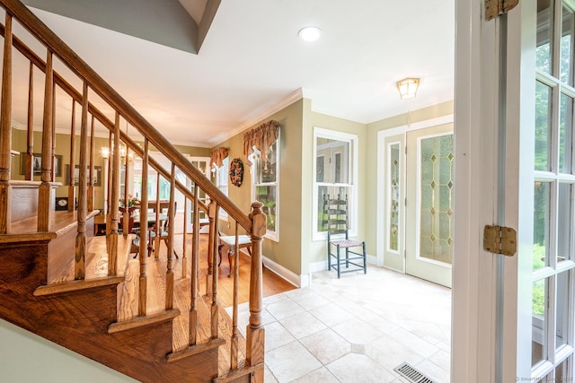 79 Ben Whitney Ln, Bridgewater, CT 06752 - foyer with stairway, ornamental molding, and recessed lighting