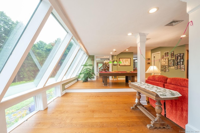 79 Ben Whitney Ln, Bridgewater, CT 06752 - corridor featuring wood finished floors, recessed lighting, and ornate columns