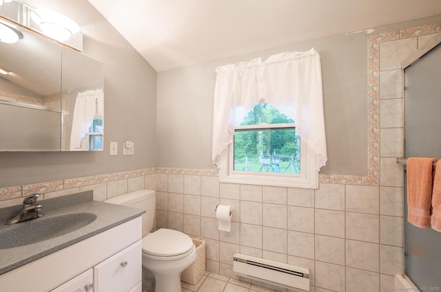 79 Ben Whitney Ln, Bridgewater, CT 06752 - bathroom featuring a baseboard heating unit, tile walls, a shower with shower door, vaulted ceiling, and tile patterned floors