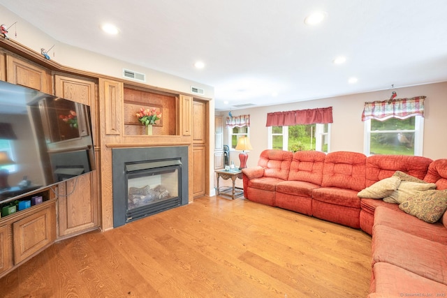 79 Ben Whitney Ln, Bridgewater, CT 06752 - living area with light wood finished floors, a glass covered fireplace, and recessed lighting