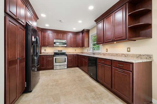 41 Laurel Leaf Dr, Ledyard, CT 06335 - kitchen featuring black appliances, recessed lighting, light stone counters, open shelves, and dark brown cabinets