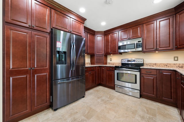 41 Laurel Leaf Dr, Ledyard, CT 06335 - kitchen featuring stainless steel appliances, light stone counters, recessed lighting, and dark brown cabinets