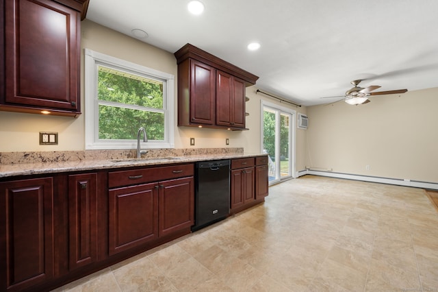41 Laurel Leaf Dr, Ledyard, CT 06335 - kitchen featuring black dishwasher, ceiling fan, an AC wall unit, light stone countertops, and recessed lighting