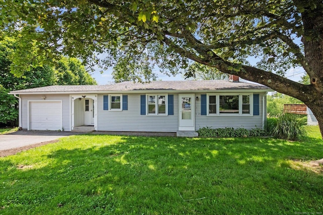 75 Atwood Hts, Thomaston, CT 06787 - ranch-style home featuring a garage, driveway, a front yard, and a chimney