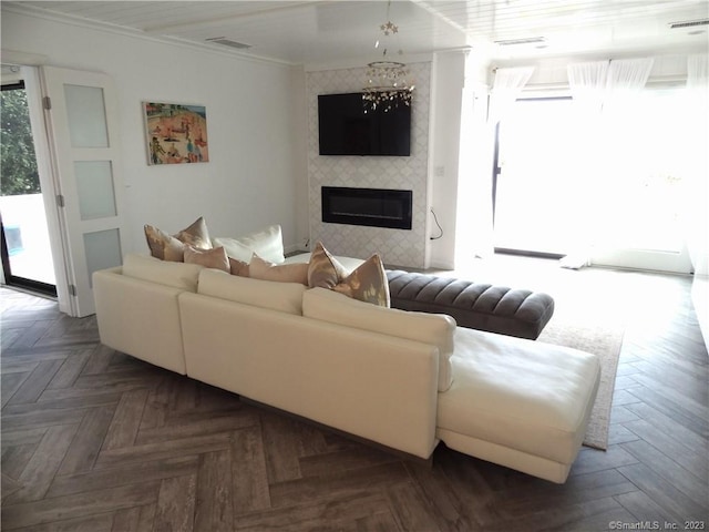 350 Grovers Ave Unit 11A, Bridgeport, CT 06605 - living room with crown molding and a tiled fireplace