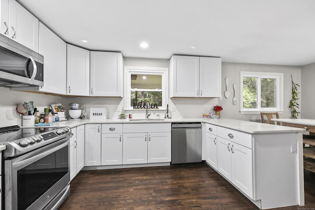 195 Orchard Hill Dr, South Windsor, CT 06074 - kitchen featuring stainless steel appliances, a peninsula, light countertops, dark wood-style flooring, and white cabinets