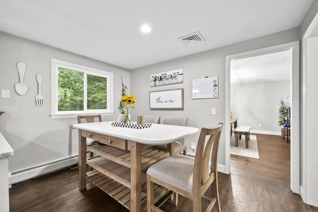 195 Orchard Hill Dr, South Windsor, CT 06074 - dining room featuring a baseboard radiator, dark wood-style flooring, and recessed lighting