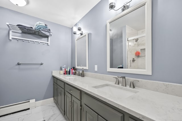 195 Orchard Hill Dr, South Windsor, CT 06074 - full bathroom featuring a baseboard radiator, double vanity, marble finish flooring, and a shower stall