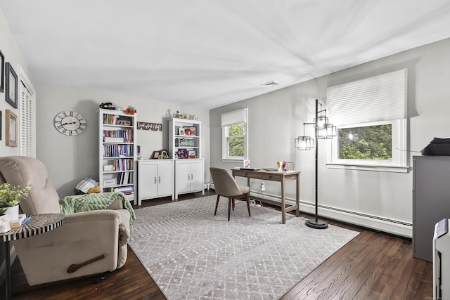 195 Orchard Hill Dr, South Windsor, CT 06074 - office featuring baseboard heating and dark wood finished floors
