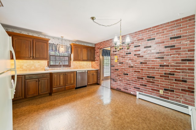 6 Revere Rd, New Milford, CT 06776 - kitchen with stainless steel dishwasher, a baseboard heating unit, a chandelier, freestanding refrigerator, and brick wall