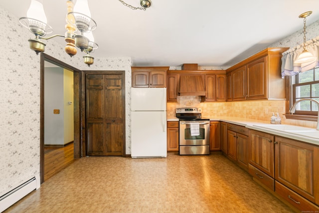 6 Revere Rd, New Milford, CT 06776 - kitchen featuring freestanding refrigerator, stainless steel electric range, a baseboard radiator, custom range hood, and wallpapered walls