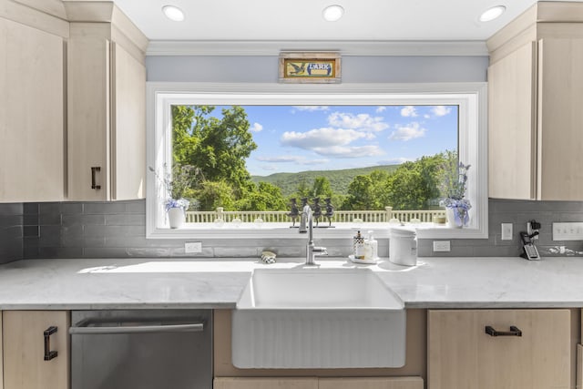 168 Cobble Rd, Kent, CT 06757 - kitchen featuring dishwasher, light brown cabinetry, backsplash, ornamental molding, and light stone counters
