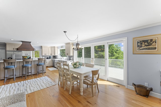 168 Cobble Rd, Kent, CT 06757 - dining area featuring ornamental molding, a chandelier, light wood-style flooring, and recessed lighting