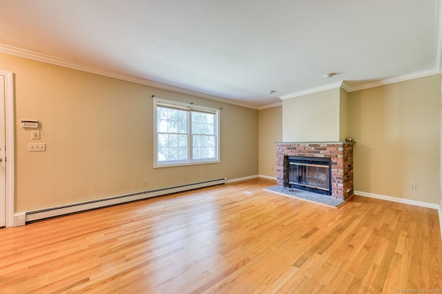 20 Copper Hill Dr Unit 20, Guilford, CT 06437 - unfurnished living room with a baseboard radiator, wood finished floors, ornamental molding, and a fireplace