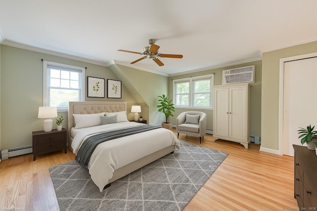 20 Copper Hill Dr Unit 20, Guilford, CT 06437 - bedroom featuring a wall mounted air conditioner, multiple windows, wood finished floors, ornamental molding, and a ceiling fan