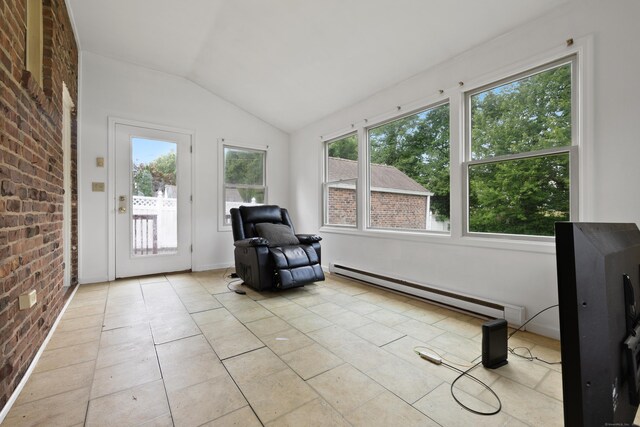 30 Cedar Crest Pl, Norwalk, CT 06854 - sunroom / solarium with a baseboard radiator, brick wall, vaulted ceiling, and tile patterned floors
