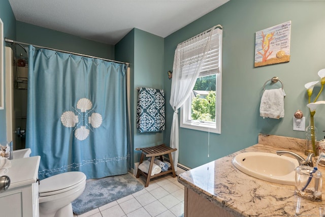 bathroom featuring vanity, tile patterned flooring, and a shower with shower curtain