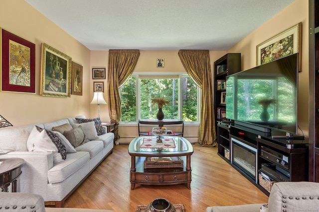 living area featuring light wood-style flooring and a baseboard heating unit