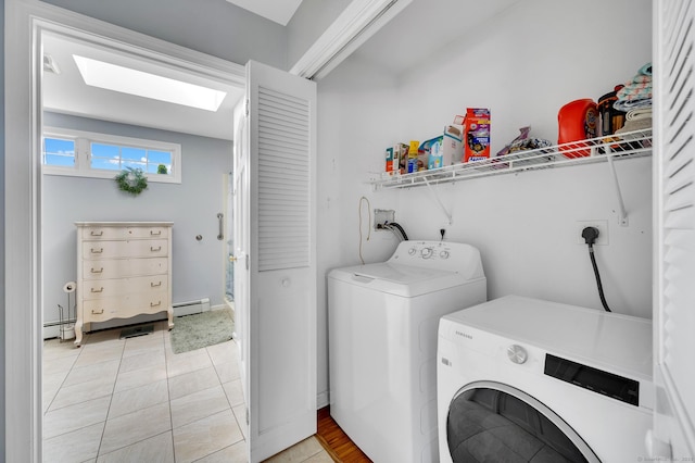 159 Jefferson St, Stratford, CT 06615 - washroom featuring washing machine and clothes dryer, baseboard heating, a skylight, and light tile patterned floors