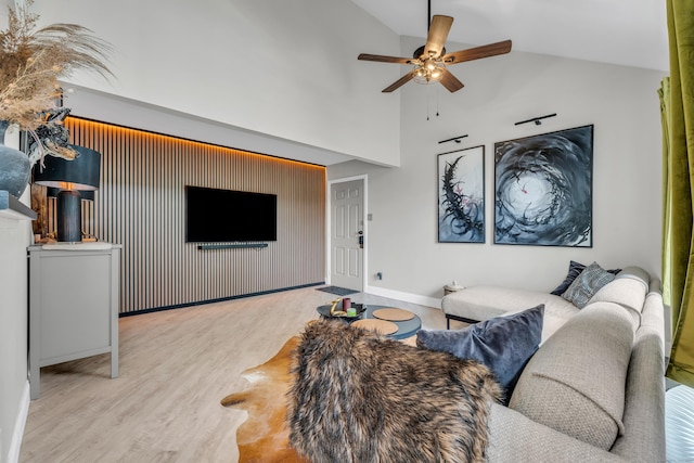 323 Carriage Crossing Ln Unit 323, Middletown, CT 06457 - living room featuring wood finished floors, a ceiling fan, and high vaulted ceiling
