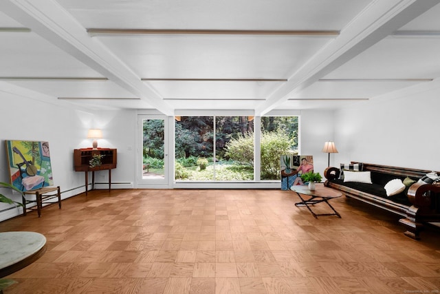 12 Twin Ponds Dr, Farmington, CT 06085 - living area featuring beam ceiling, a baseboard heating unit, and floor to ceiling windows