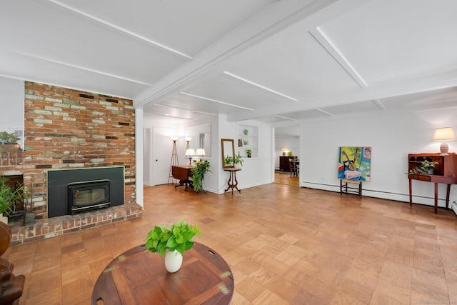 12 Twin Ponds Dr, Farmington, CT 06085 - living room featuring beam ceiling, baseboard heating, and a wood stove