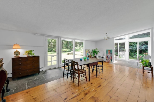 12 Twin Ponds Dr, Farmington, CT 06085 - dining space featuring a baseboard radiator, a textured ceiling, wood-type flooring, and a chandelier