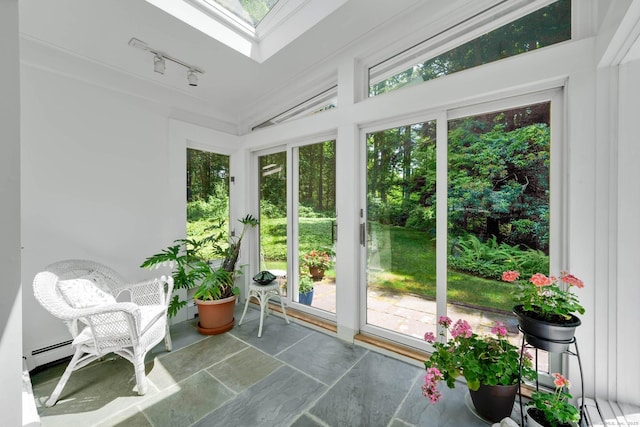 12 Twin Ponds Dr, Farmington, CT 06085 - sunroom featuring rail lighting, baseboard heating, a skylight, and french doors
