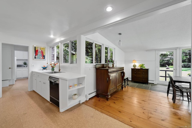 12 Twin Ponds Dr, Farmington, CT 06085 - kitchen with dishwasher, a baseboard heating unit, open shelves, white cabinets, and lofted ceiling