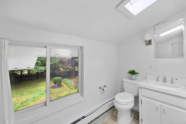 12 Twin Ponds Dr, Farmington, CT 06085 - bathroom with vaulted ceiling, a skylight, vanity, plenty of natural light, and a baseboard radiator