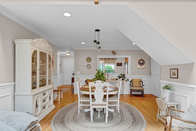 6 Augusta Cir Unit 6, East Haddam, CT 06469 - dining room featuring a decorative wall, crown molding, a wainscoted wall, light wood-style flooring, and recessed lighting