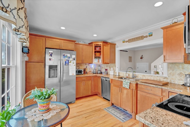 6 Augusta Cir Unit 6, East Haddam, CT 06469 - kitchen featuring appliances with stainless steel finishes, crown molding, tasteful backsplash, light wood-type flooring, and healthy amount of natural light