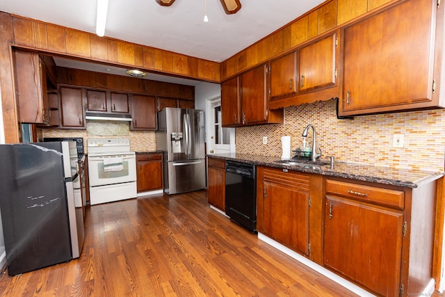 302 E Pasadena Pl, Bridgeport, CT 06610 - kitchen featuring stainless steel fridge with ice dispenser, dishwasher, white electric range oven, freestanding refrigerator, and under cabinet range hood