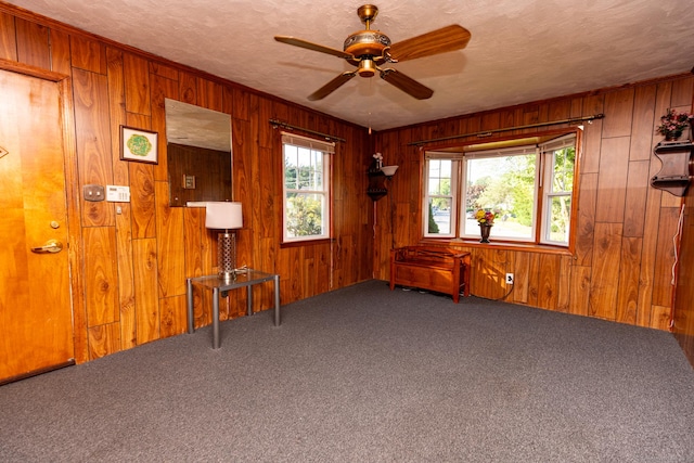302 E Pasadena Pl, Bridgeport, CT 06610 - empty room with wood walls, ceiling fan, and carpet flooring
