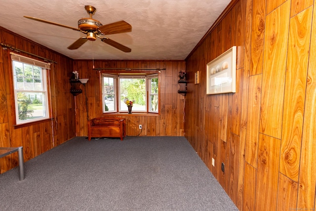 302 E Pasadena Pl, Bridgeport, CT 06610 - carpeted empty room featuring wood walls and a ceiling fan