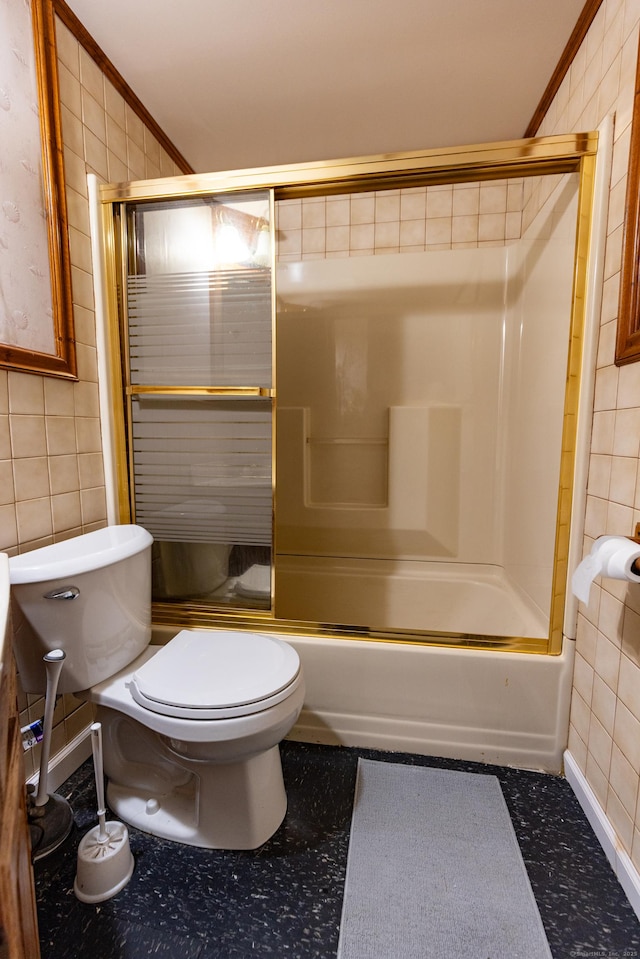 302 E Pasadena Pl, Bridgeport, CT 06610 - full bath featuring tile walls, enclosed tub / shower combo, and ornamental molding