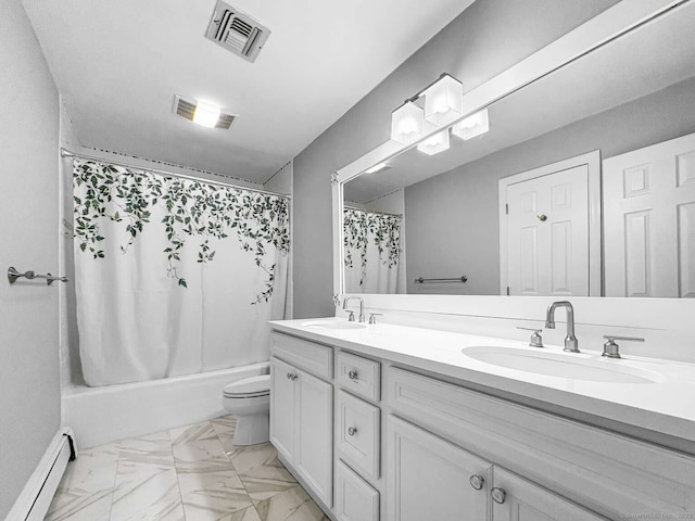 7 Ambler Rd W, Westport, CT 06880 - bathroom featuring a baseboard heating unit, double vanity, shower / tub combo with curtain, and marble finish flooring