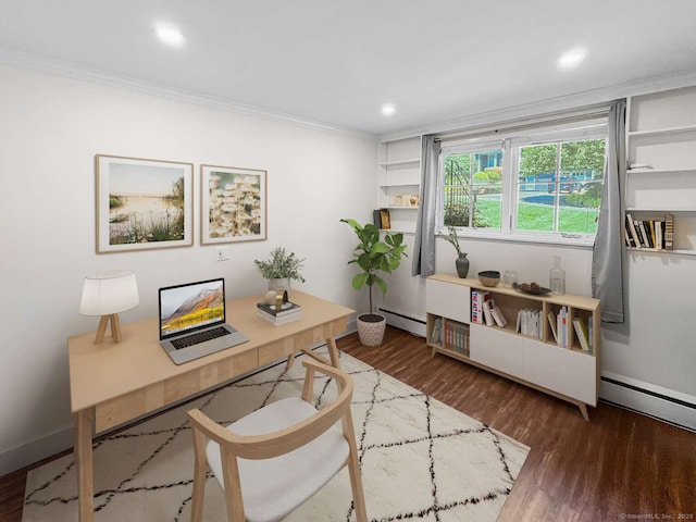 7 Ambler Rd W, Westport, CT 06880 - office space featuring crown molding, wood finished floors, a baseboard radiator, and recessed lighting